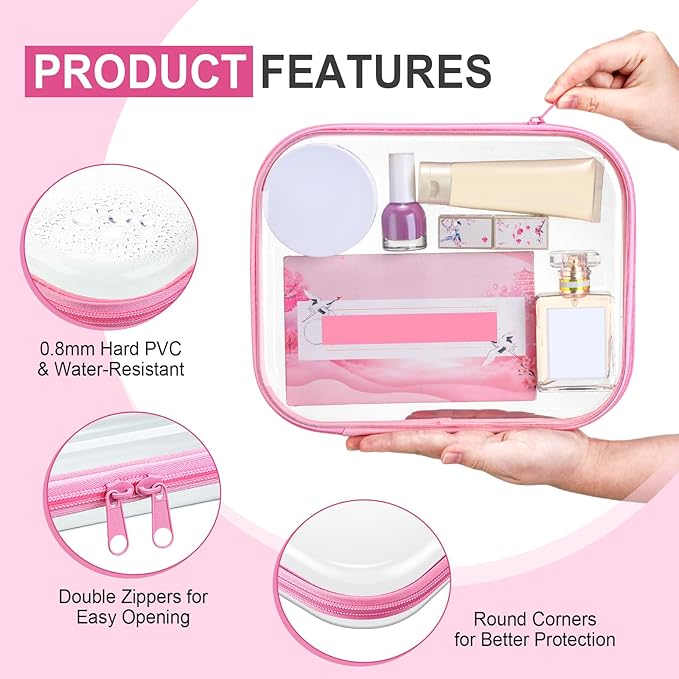 Sanwuta 6 Pcs Clear Hard Zipper Case Hard Plastic Zipper Pouches Makeup Bag Pencil Pouches Transparent Cases for Snacks Plastic Storage Organizer Box for Travel(Pink,9.84 x 7.87 x 2 Inch)
