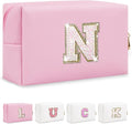 Personalized Initial Letter Makeup Bag, Small Glitter Letter Patch Cosmetic Pouch Zipper, Preppy Makeup Organizer PU Waterproof Travel Toiletry Bag, Monogrammed Birthday Gift for Women Girls