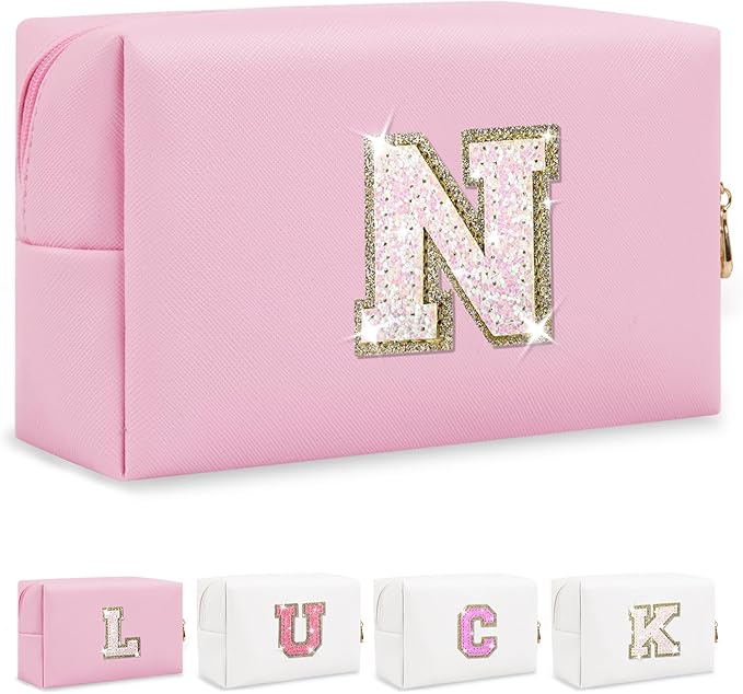 Personalized Initial Letter Makeup Bag, Small Glitter Letter Patch Cosmetic Pouch Zipper, Preppy Makeup Organizer PU Waterproof Travel Toiletry Bag, Monogrammed Birthday Gift for Women Girls