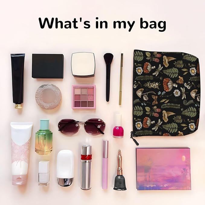MOLAIGIN Wicthcrafts Red Mushroom Leaf Dragonfly Cosmetic Bag For Women, Travel Makeup Bag, Toiletry Zipper Bag, Large Capacity Aesthetic Cases