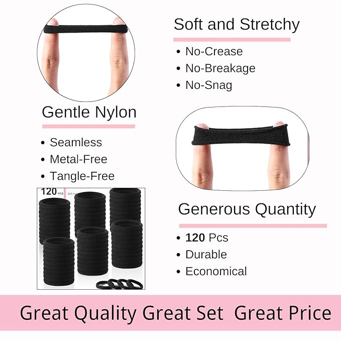 LuSeren 120PCS Black Hair Ties for Thick Hair – Seamless No Damage Elastic Ponytail Holders, Black Hair Band,Bulk Nylon Hair Elastics for Women