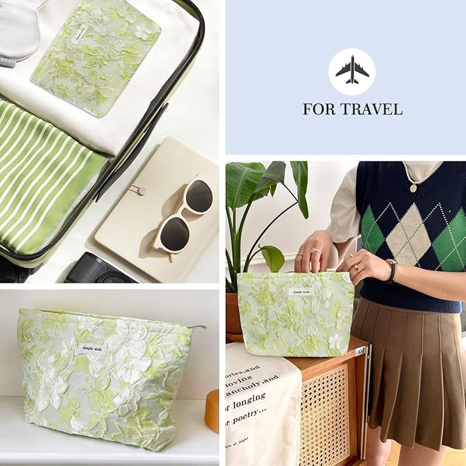 STARDW Aesthetic Floral Makeup Bag Cute Small Cosmetic Bags for Women Girls, Travel Toiletry Bag Large Capacity Zipper Makeup Pouch, Purse Organizer Pouches (Embossed green)