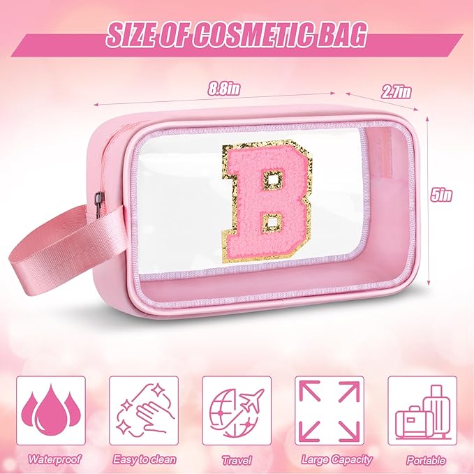 Initial Makeup Bag,Letter B Cute Clear Monogrammed Cosmetic Travel Bag for Womens Girls,Personalized Pink Aesthetic Traveling Make Up Organizer Bag for Beach,Waterproof Toiletry Bag
