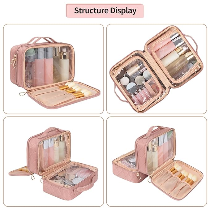 OCHEAL Clear Makeup Bag, Double Layer Cosmetic Bag, Large Capacity Minimalist Cosmetic Case for Women Travel Beauty Essentials, Multiple Compartments Makeup Case Organizer Zipper Pouch -Nude Pink