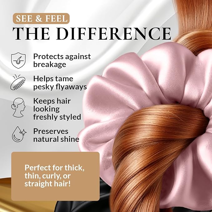 100% Pure 22 Momme Mulberry Silk Scrunchies (Set of 3) | Highest grade (6A) Luxury Hair Ties| (Black,White,Pink) | (Black, Standard)