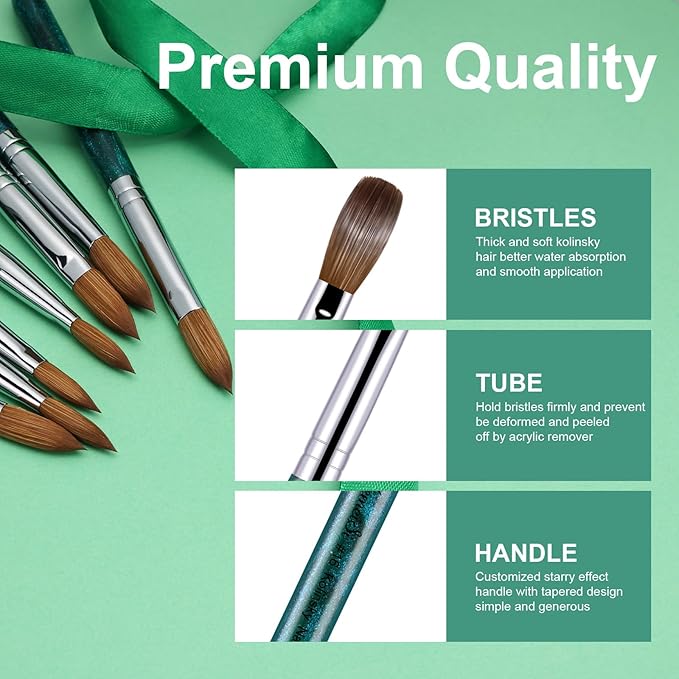 Acrylic Nail Brush Size #18, 100% Pure Kolinsky Nail Art Brushes for Acrylic Application, Sturdy Starry Handle Oval Shaped Nail Design Tools for Professional Manicure DIY, Green