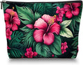 Makeup Bag Travel Cosmetic Bags Small Makeup Case Waterproof Zipper Pouch for Women Girls 7X9inches - Bold Hibiscus Flowers with Green Foliage