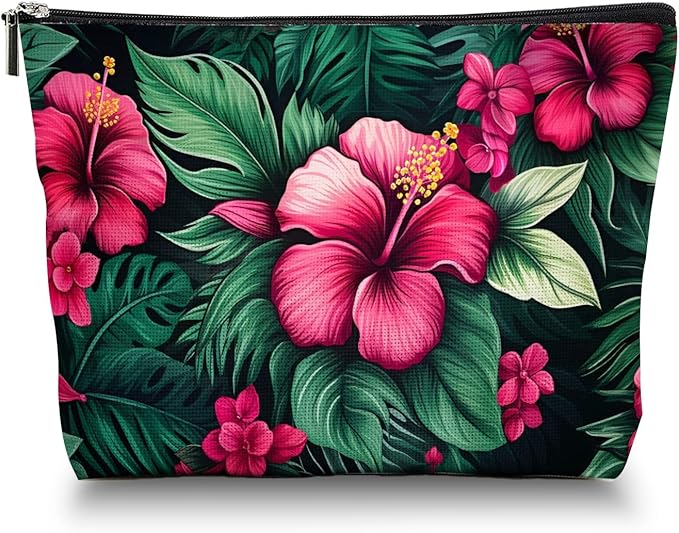 Makeup Bag Travel Cosmetic Bags Small Makeup Case Waterproof Zipper Pouch for Women Girls 7X9inches - Bold Hibiscus Flowers with Green Foliage