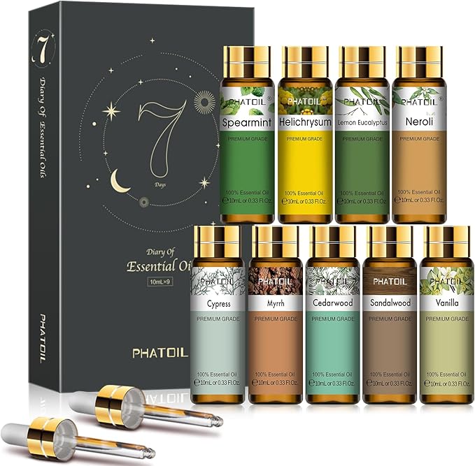 PHATOIL Premium Essential Oil Set - 9x10ML Pure Essential Oils for Massage, Aromatherapy, Diffusers, DIY - 0.33FL.OZ/Bottle