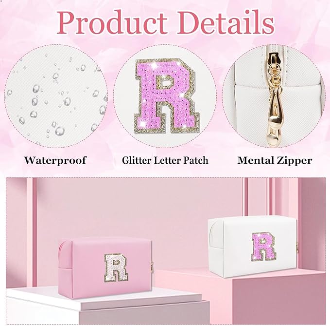 Glitter Initial Letter Makeup Bag, Small Personalized Sequins Letters PU Leather Cosmetic Bag Portable Waterproof Makeup Zipper Pouch, Shine Handbag Organizer Travel Bag Gifts for Women&Girls(White-R)