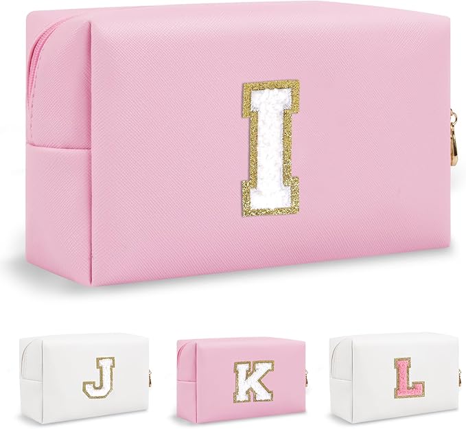 Personalized Small Travel Preppy Makeup Bag, Initial Cute Pink Chenille Letter Cosmetic Organizer Toiletry Pouch, Waterproof Portable PU Monogram Make Up Bag Case Gift for Women Friends Her(Letter I)