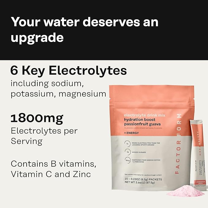 Hydration Boost Electrolyte Powder | Vitamin C, D, B6 & B12, for Energy & Immunity | No Added Sugar | 50mg of Caffeine from Green Coffee Beans + L-Theanine (15 Packets, Passionfruit Guava)