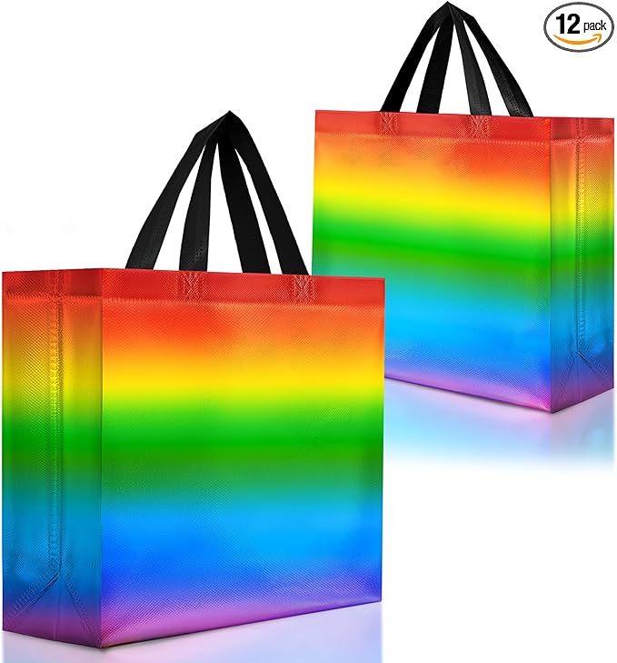 Nush Nush Large Rainbow Gift Bags– Set of 12 Colorful Holographic Reusable Gift Bags with Handles - Ideal Rainbow Goodie Bag for Birthday Party, Kids Party, Sleepover, Pride Events - 13x5x11