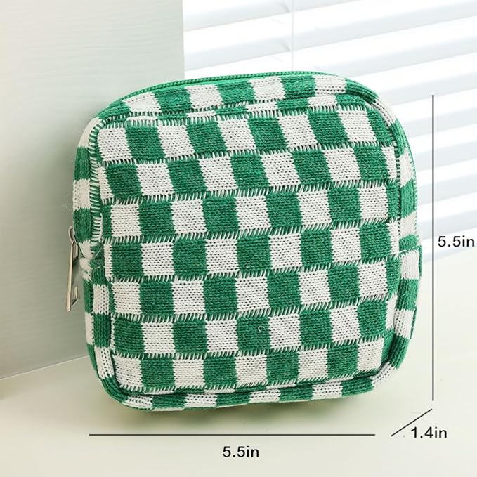 Small Green Makeup Bag for Purse, Mini Checkered Cosmetic Bag Zipper Cute Make Up Pouch Travel Toiletry Bag Quilted Aesthetic Accessories Makeup Storage Bag Organizer for Women Girls