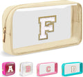 Small Clear Personalized Initial Makeup Bag,Nylon Preppy A-Z Chenille Letter Patch Cosmetic Pouch Beach Toiletry Bag,Waterproof Zipper Travel Purse Storage Bag Organizer for Women Girls(Beige-White F)
