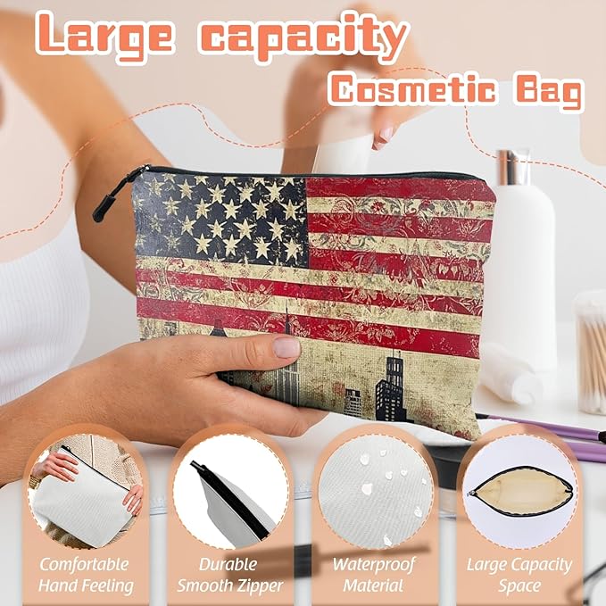 Cosmetic Bags Travel Makeup Toilet Case Waterproof Pouch for Women Girls 6.7X9.45inches - American Flag And Urban Skyline Fusion