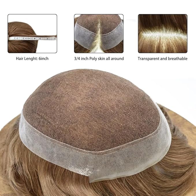 FACE MIRACLE Toupee for Men French Lace Hairpiece Human Hair Replacement System Skin PU Mens Toupee Hair Wigs for Man V-Looped Front Hair Prosthesis 6"X8" 17R#BROWN/BLONDE MIX WARM TONE