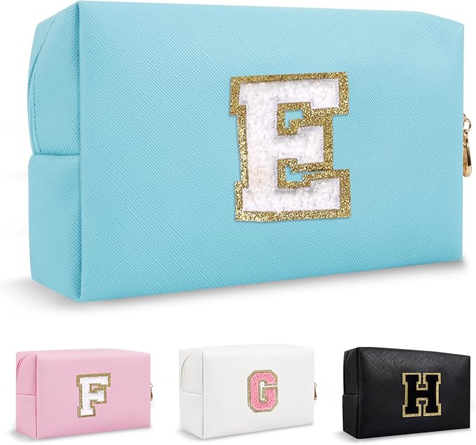 Personalized Chenille Letter Preppy Patch Makeup Bag, Small Blue Cosmetic Organizer Initial Toiletry Zipper Pouch Monogram Makeup Storage, Waterproof Makeup Case Travel Essentials for Women(Letter E)