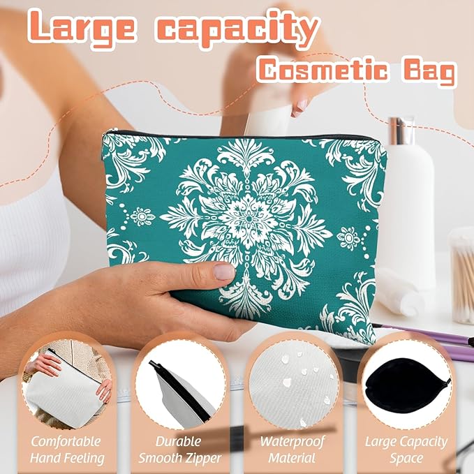Makeup Bag Travel Cosmetic Bags Small Makeup Case Waterproof Zipper Pouch for Women Girls 7X9inches - White Floral Ornamentation in A Circular Layout