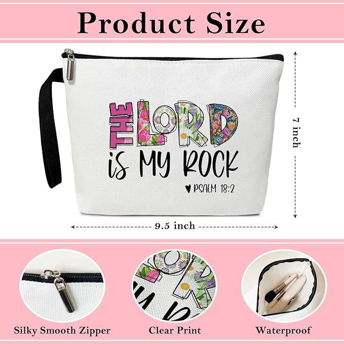 Christian Cosmetic Bag for Women Accessories Organizer, Religious Gifts Bible Verses Gifts for Women Coworker, Travel Essentials Purse Toiletry Pouch Cosmetic Bag with Zipper (THE LORD IS MY ROCK)