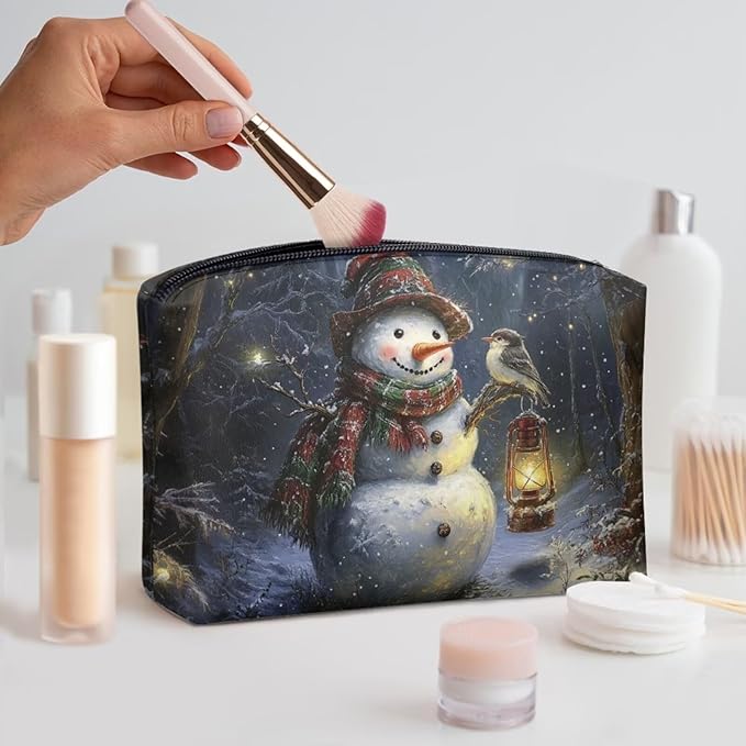 COEQINE Merry Christmas Cosmetic Bag for Women Leather Snowman Birds Travel Makeup Bag For Women,Waterproof Portable Pouch Large Capacity Toiletry Bag Wallet Cell Phone Case for Travel