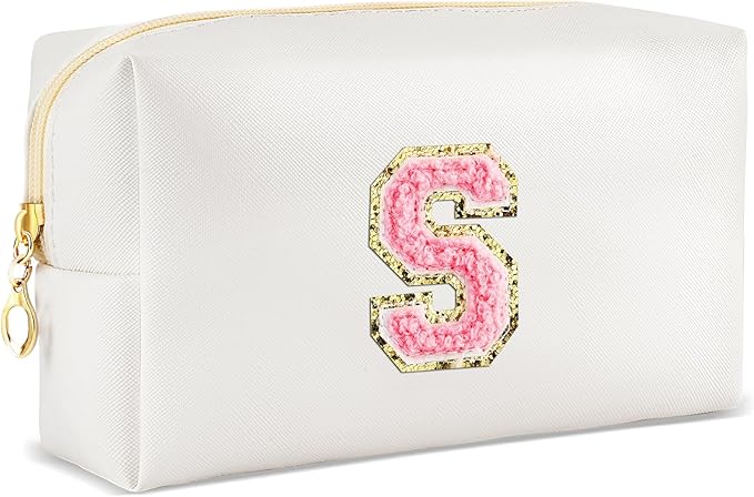 Initial Makeup Bag Personalized Preppy Travel Small Cosmetic Bag Cute PU White Chenille Letter Makeup Pouch for Purse Waterproof Zippered Toiletry Organizer for Women Girls Kids Friends (S)