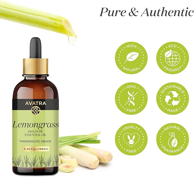 Avatra Lemongrass Essential Oil 100ML (3.38 OZ) with Glass Dropper and Travel Bottle, Pure and Natural Therapeutic Grade Lemongrass Oil for Diffuser, Aromatherapy, Massage, and DIY Candle Products