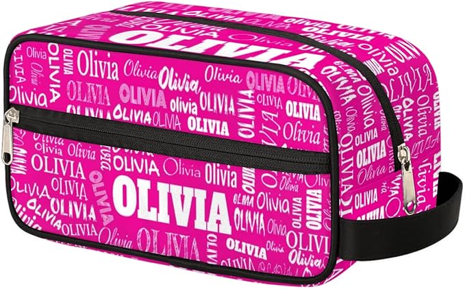 Personalized Travel Cosmetic Bag Waterproof Makeup Bags, Custom Name Rosy Pink Organizer Case Toiletries Container Bag