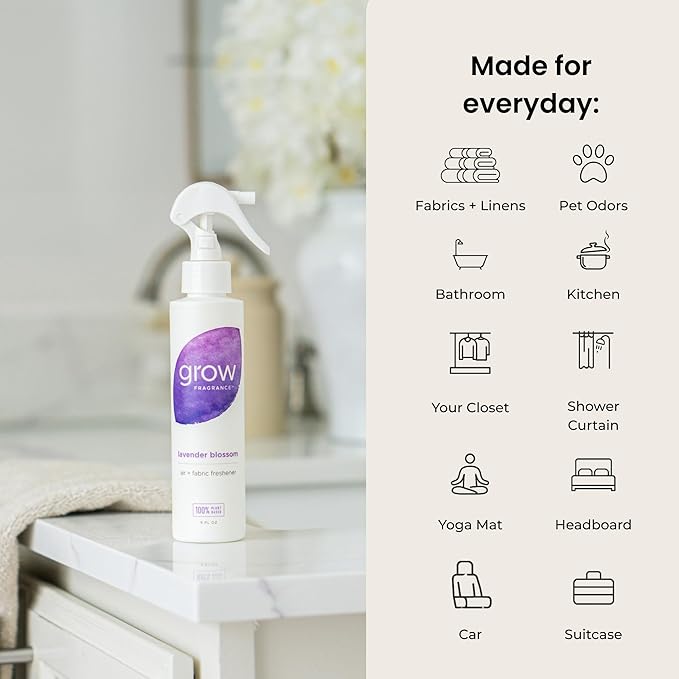 Grow Fragrance Scented Fabric and Room Air Freshener Spray - Certified Non-Toxic, 100% Plant-Based Essential Oils - 5 oz (Lavender Blossom 2-Pack)