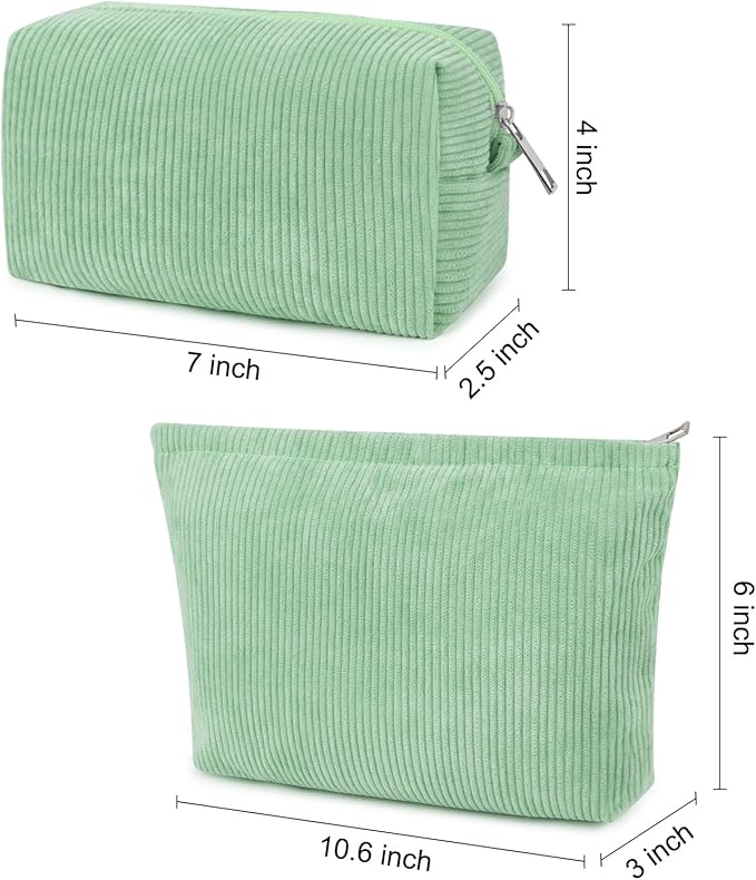 SOIDRAM 2 Pcs Corduroy Makeup Bag Large Cosmetic Bag Toiletry Bag Makeup Pouch Travel Bag Organizer Cute Makeup Brushes Aesthetic Accessories Storage Bag for Women Green