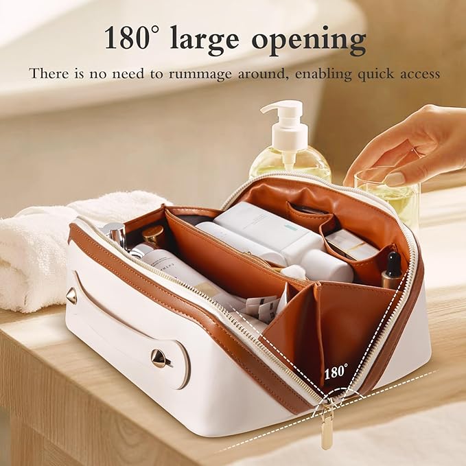 Abiudeng Travel Makeup Bag Large Capacity Toiletry Bag for Travel Essentials Open Flat Makeup bag Organizer with Divider and Handle-White