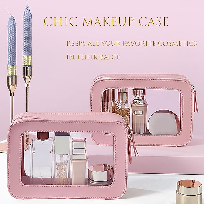 Clear and Waterproof Makeup Bag Portable Travel Cosmetic Case Organizer for Women Toiletry Pouch with Transparent Vinyl Windows & Zippers (Pink)