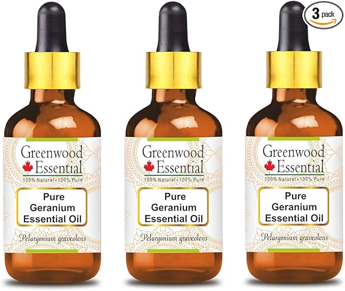 Greenwood Essential Pure Geranium Essential Oil (Pelargonium graveolens) with Glass Dropper Steam Distilled (Pack of Three) 100ml X 3 (10.1oz)