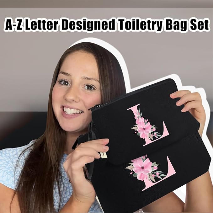 Vavabox A-Z Personalized Makeup Bag, Birthday Gifts for Women Mom, Gifts for Best Friend, Bride Bridesmaid Cosmetic bag (L, 04-Black Set)