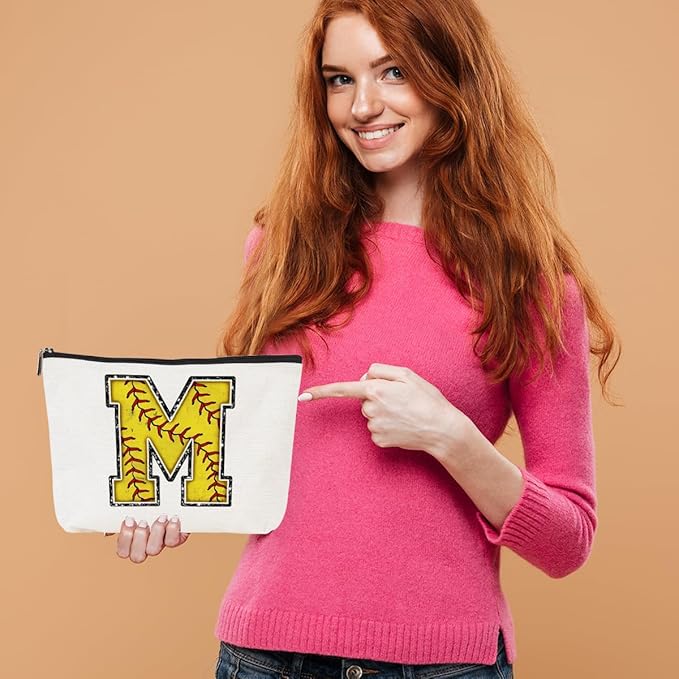 Softball Gifts Initial Monogrammed Cosmetic Bag Letter M Zipper Pouch for Girls Women Softball Player Coach Friend Graduation Birthday Gifts