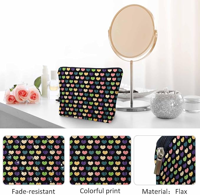 Makeup Bag Heart Makeup Bags For Purse Pouch, Colorful Love Hearts Travel Toiletry Bag Cosmetic Bag Makeup Bags Flax Makeup Organizer Bag Pencil Pouch For Man Woman