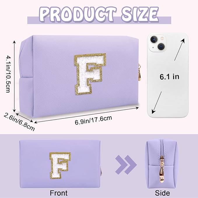 Personalized Small Initial Preppy Makeup Bag, Purple Cute Cosmetic Organizer Chenille Letter Travel Toiletry Zipper Pouch,Portable Waterproof Makeup Case Friendship Gift for Families Friends(Letter F)