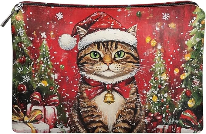 COEQINE Christmas Tree Cat Cosmetic Bag for Women Leather Waterproof Phone Pouch Travel Makeup Bag Large Capacity Waterproof Portable Wallet Handbags with Zipper Ladies Xmas Gifts