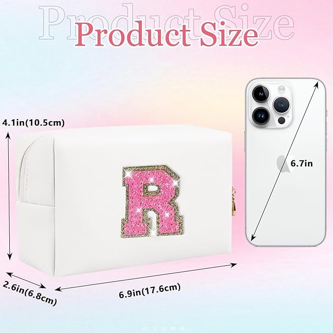 Small Personalized Glitter Initial Letter Makeup Bag, Cute PU Leather Chenille Letters Cosmetic Bag Travel Makeup Pouch, Preppy Travel Organizer Zipper Pouch for Women&Girls（WhiteRosePink-R）