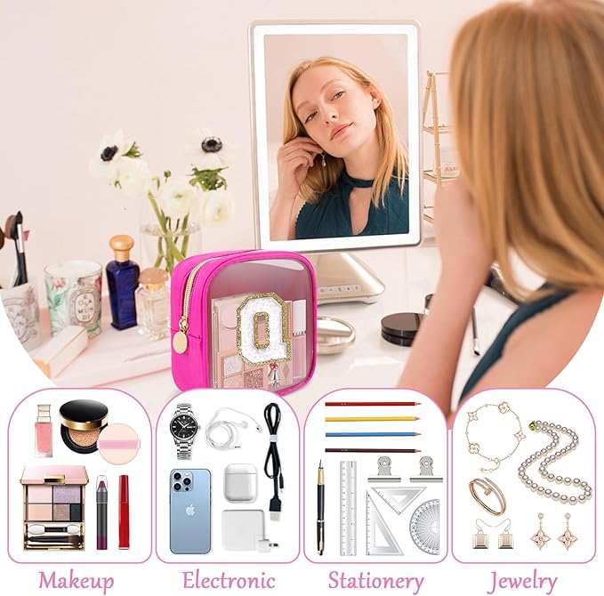 Personalized Initial Letter Clear Preppy Makeup Bag,Mini Nylon Chenille Letter Cosmetic Bag Cute Zipper Pouch Coin Purse for Teen Girls,Portable TSA Approved Travel Essentials Bag Gift for Women,Q