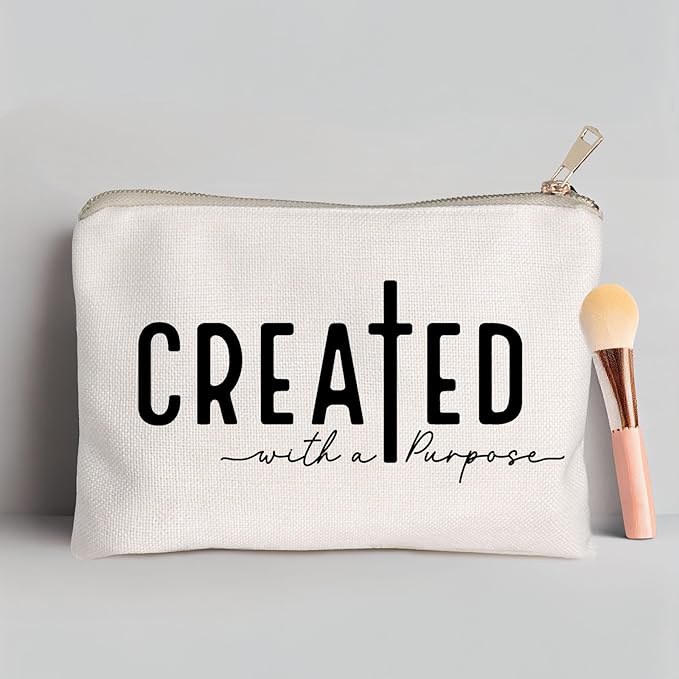 Created With a Purpose Women Makeup Bag Christian Decor Self Love Gift Toiletry Bag Religious Faith Cosmetic Pouch Linen Cotton Inspirational Multi-Purpose Bag Gift