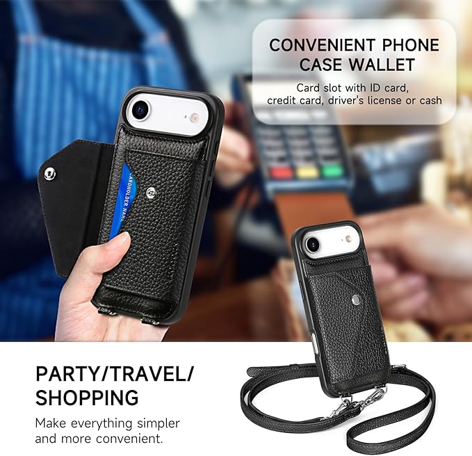 LUCKYCOIN Crossbody Wallet Phone Case for iPhone Air,100% Genuine Leather Wallet Phone Case with Expandable Flip Card Holder,Phone Purse for Women with Adjustable Removable Strap - Pebble Black