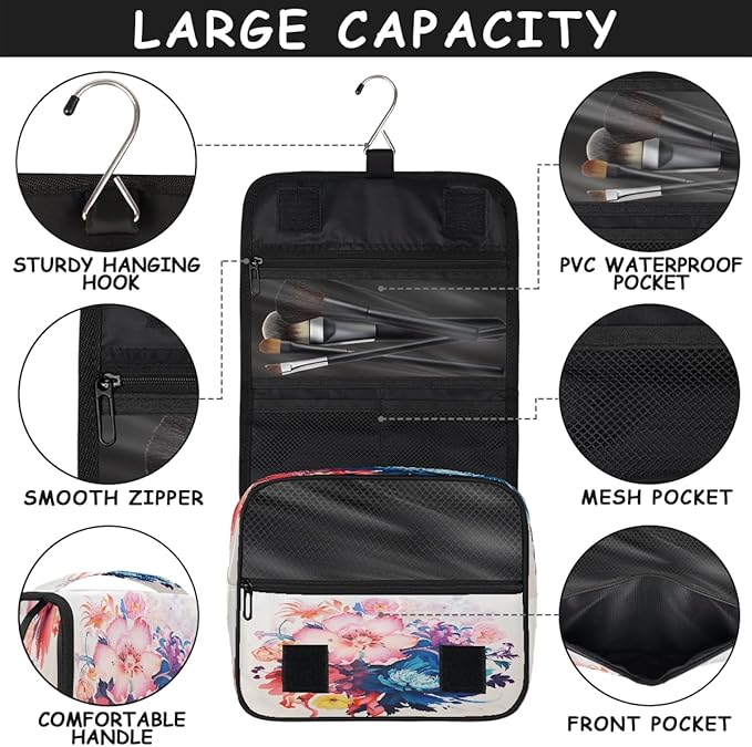 Travel Toiletry Bag for Women & Men Colorful Art Flowers Hanging Cosmetic Organizer Portable Waterproof Makeup Case Make Up Bag with Compartments Travel Essentials for Bathroom Shower
