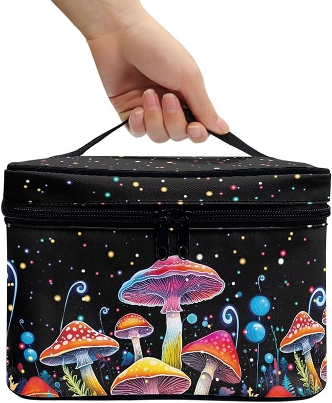 Colorful Mushrooms Pattern Makeup Bag Travel Cosmetic Bag with Zipper and Handle Portable Large Capacity Toiletry Case for Women Ladies Travel Accessories