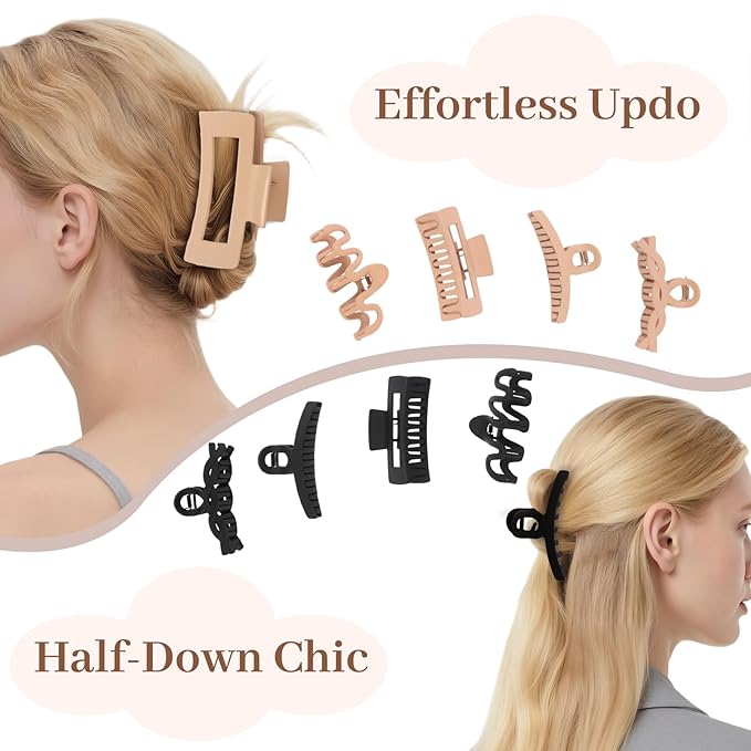 Matte Non-Slip Large Hair Clips for Women 8PCS (4 Beige+4 Black), Durable Claw Clips for Women/Girls | Gift-Ready Neutral Hair Accessories for Daily & Special Occasions