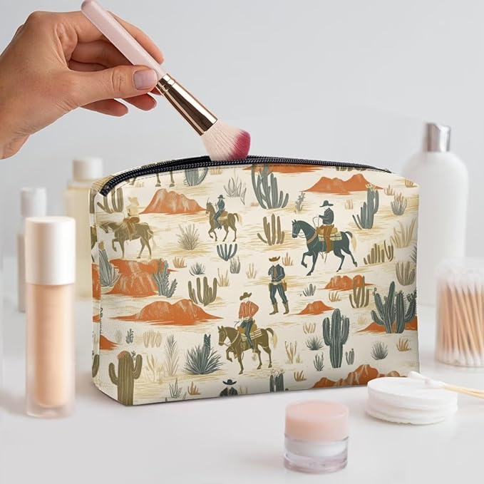 COEQINE Leather Cosmetic Purses for Women Western Purse Aztec Cltuch Wallet Travel Makeup Bag With Zipper Portable Cosmetic Pouch for Ladies Cell Phone Case,Cactus Race Horse Pattern