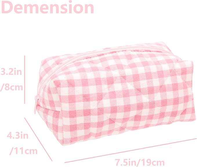 PAZIMIIK Cozy Makeup Bag Travel Cosmetic Bag for Women Soft Toiletry Bag Aesthetic Makeup Organizer Portable Large Zipper Pouch for Skincare Beauty Accessories Brushes Pink Checkered