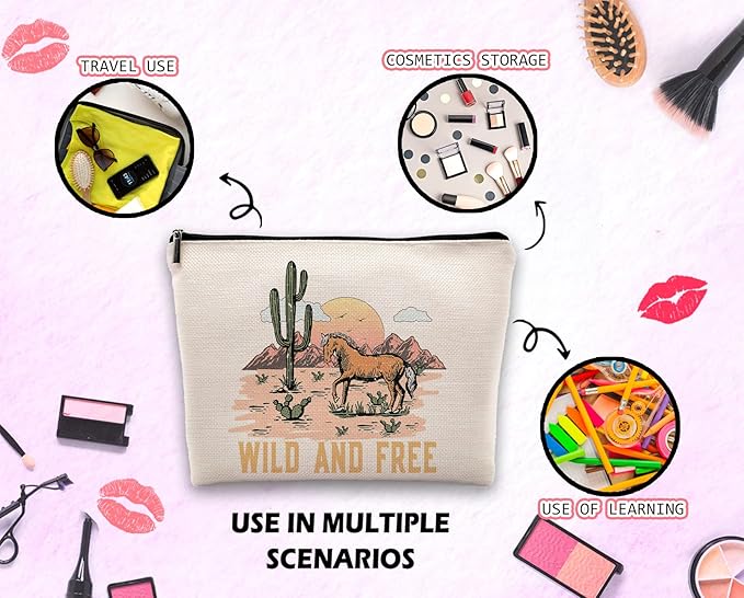 Wild and Free Cowgirl Cosmetic Bag, Wild West Retro Western Horse Cactus Desert Makeup Bag Zipper Cosmetic Pouch Bag Travel Linen Makeup Organizer, Cowgirl Gifts for Women Girls Teen Girls Her
