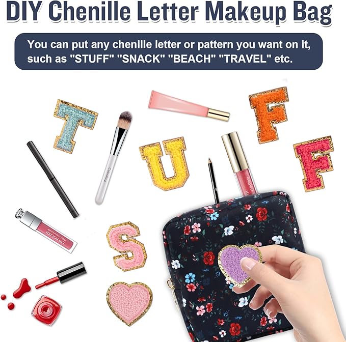Nylon Mini Floral Makeup Bag for Purse, Small Cute Makeup Bag Preppy Cosmetic Zipper Pouch Purse, Waterproof Travel Coin Pouch Sanitary Napkin Storage Bag Makeup Organizer for Women(Navy Blue-Flower)