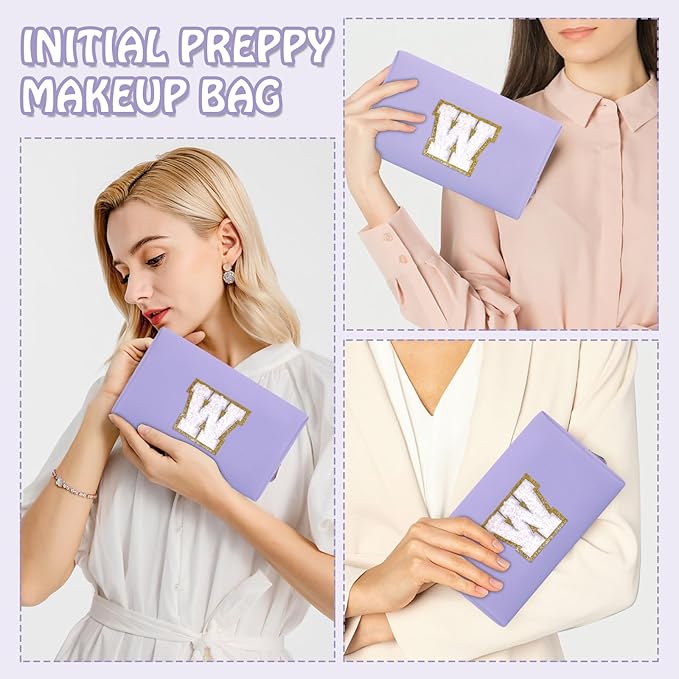 Small Travel Initial Preppy Makeup Bag, Chenille Letter Cute Purple Cosmetic Organizer Toiletry Zipper Pouch, Waterproof Make Up Case Storage Personalized Wedding Gift for Brides Bridesmaids(Letter W)
